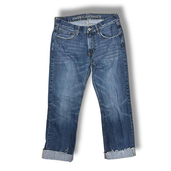 American Eagle Jeans Mens 34 x 32 Mid Rise Boot Cut Blue Cotton Denim Distressed - Picture 4 of 14